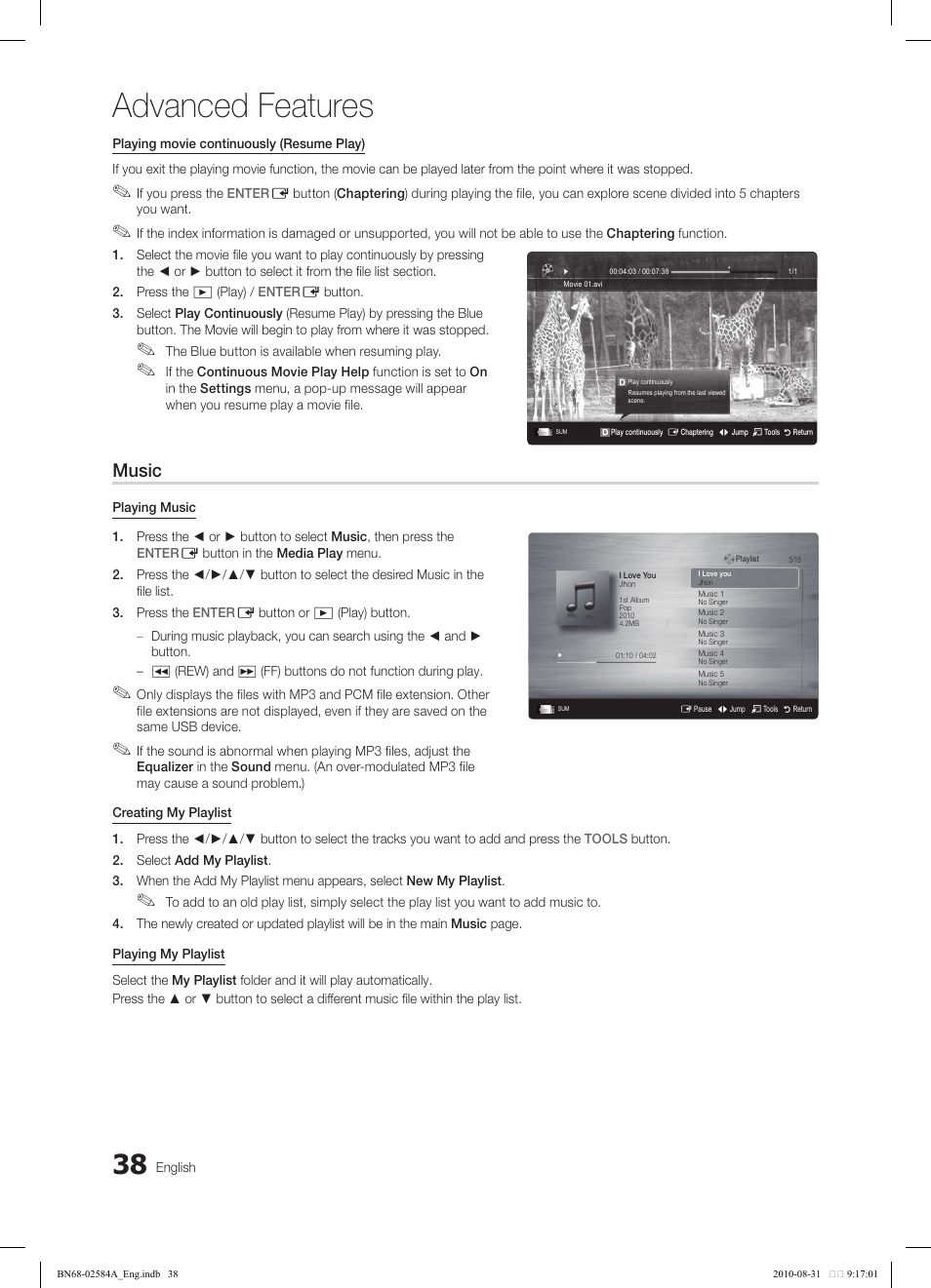Advanced features, Music | Samsung 750 User Manual | Page 38 / 184