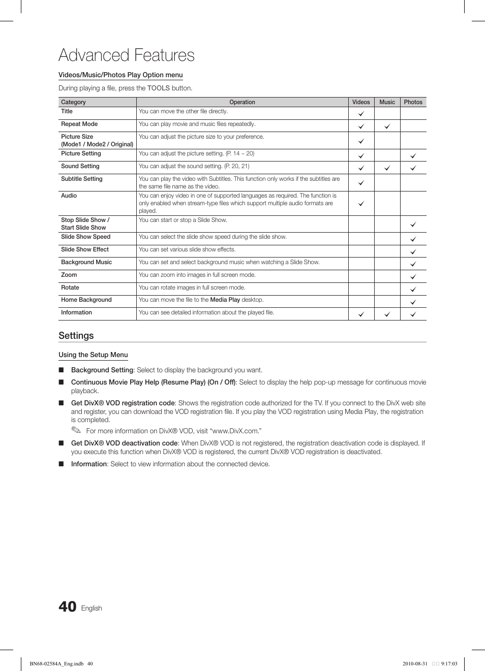 Advanced features, Settings | Samsung 750 User Manual | Page 40 / 184