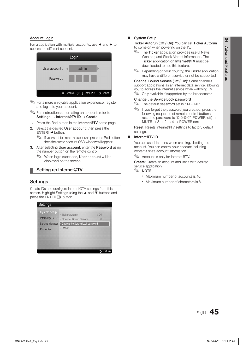 Settings | Samsung 750 User Manual | Page 45 / 184
