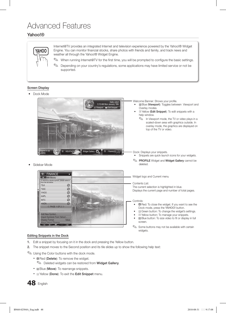 Advanced features, Yahoo ch list, Yahoo | Tv internet | Samsung 750 User Manual | Page 48 / 184