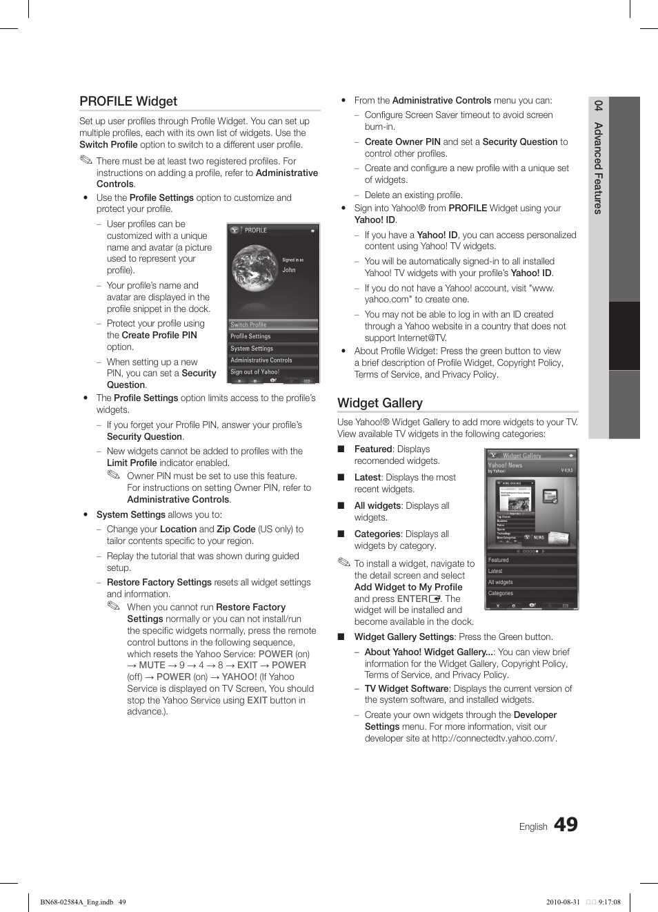 Profile widget, Widget gallery | Samsung 750 User Manual | Page 49 / 184