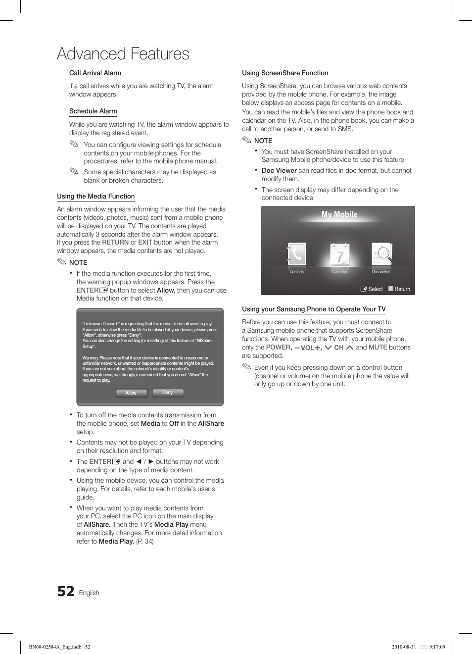 Advanced features | Samsung 750 User Manual | Page 52 / 184
