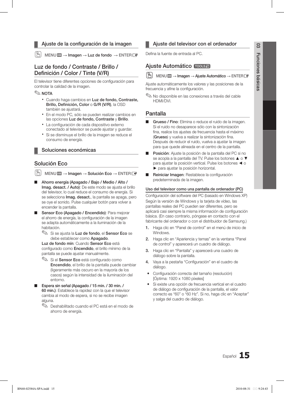 Solución eco, Ajuste automático, Pantalla | Samsung 750 User Manual | Page 75 / 184