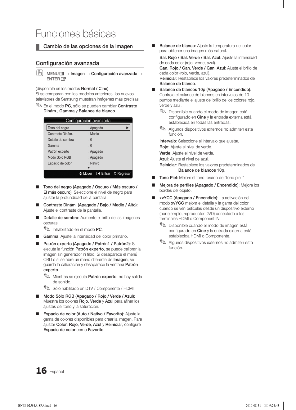 Funciones básicas, Configuración avanzada | Samsung 750 User Manual | Page 76 / 184