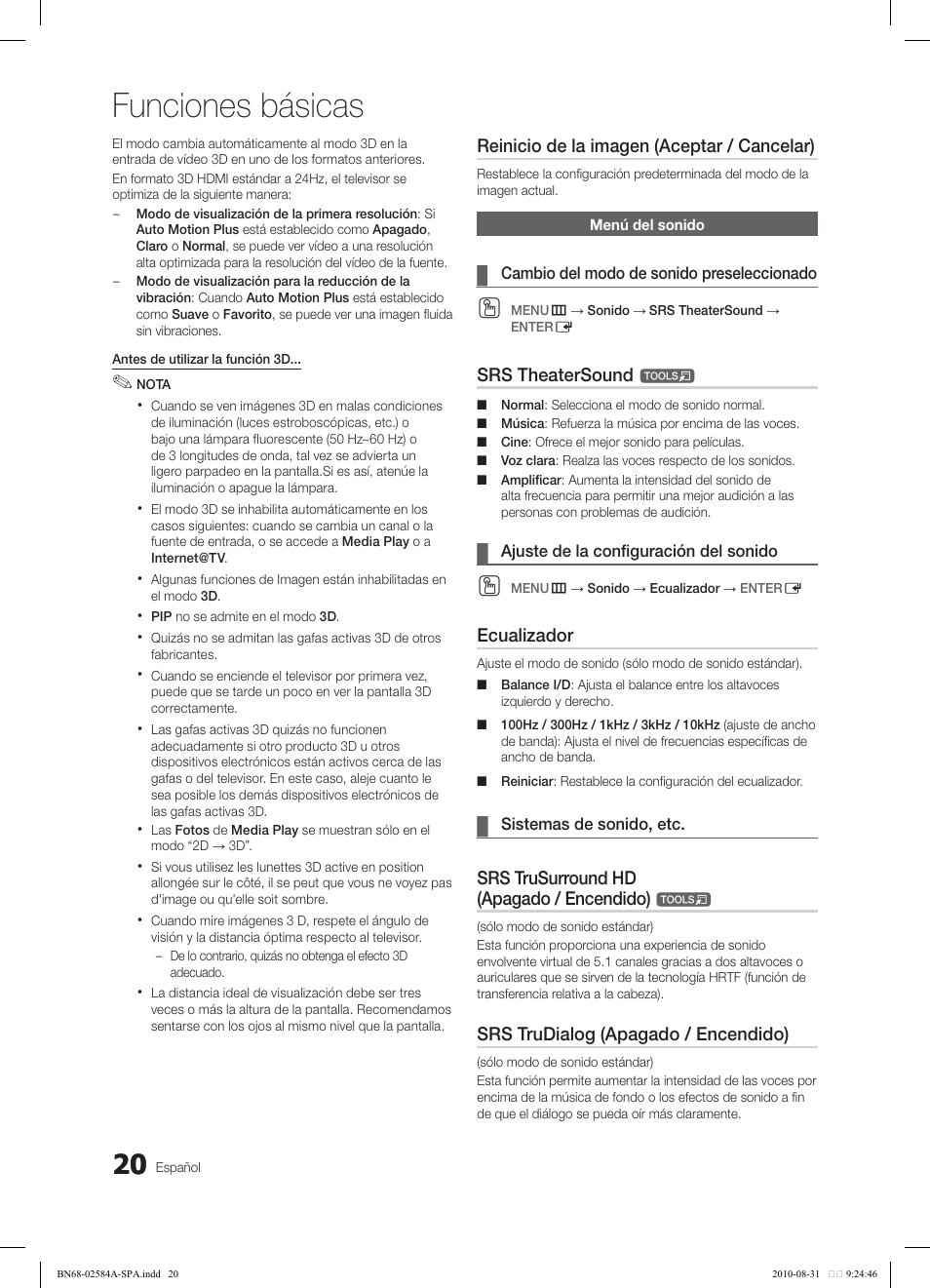 Funciones básicas, Reinicio de la imagen (aceptar / cancelar), Srs theatersound | Ecualizador, Srs trusurround hd (apagado / encendido), Srs trudialog (apagado / encendido) | Samsung 750 User Manual | Page 80 / 184