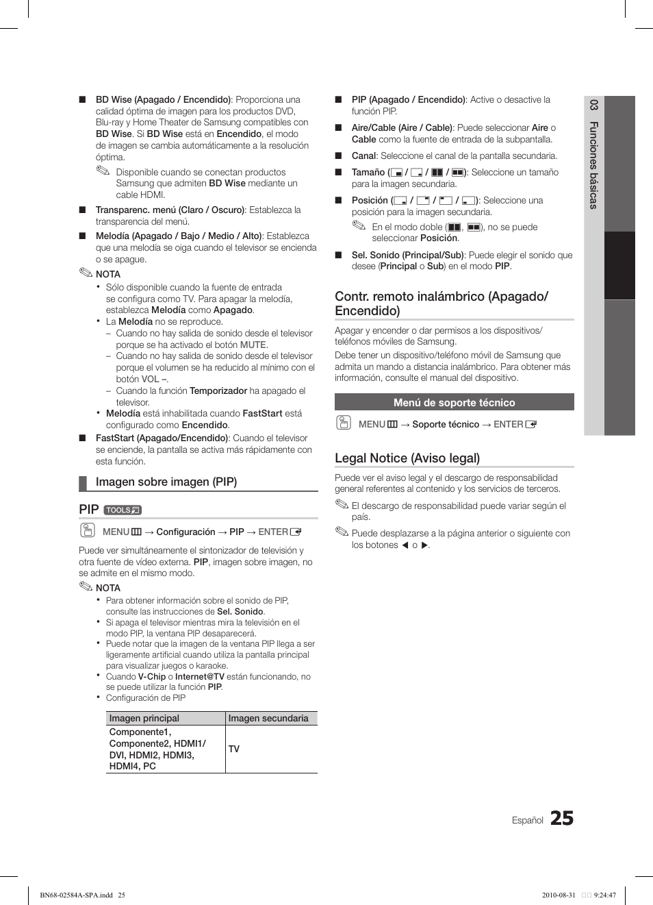 Contr. remoto inalámbrico (apagado/ encendido), Legal notice (aviso legal) | Samsung 750 User Manual | Page 85 / 184