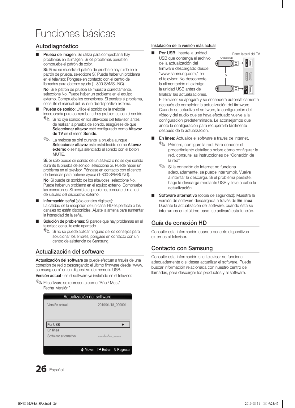 Funciones básicas, Autodiagnóstico, Actualización del software | Guía de conexión hd, Contacto con samsung | Samsung 750 User Manual | Page 86 / 184