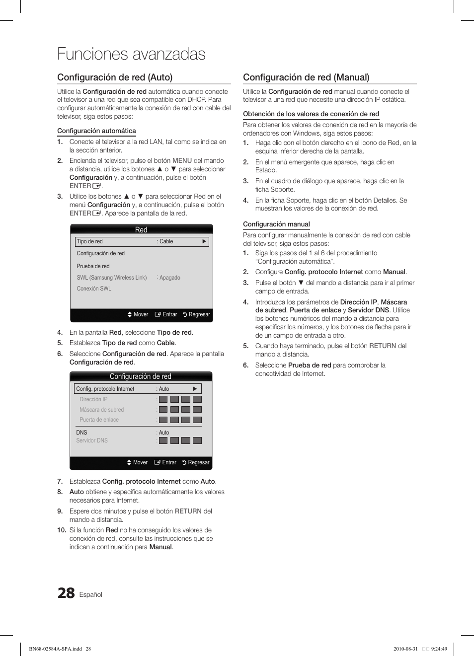 Funciones avanzadas, Configuración de red (auto), Configuración de red (manual) | Samsung 750 User Manual | Page 88 / 184