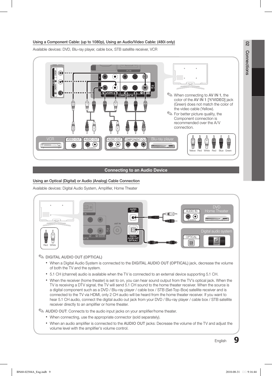 Connecting to an audio device, 02 connections, When a digital audio system is connected to the | When an audio amplifier is connected to the, Blu-ray player, When connecting to, English, Dvd home theater, Digital audio system | Samsung 750 User Manual | Page 9 / 184
