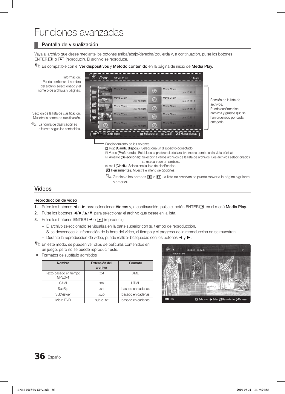 Funciones avanzadas, Vídeos, Pantalla de visualización | Samsung 750 User Manual | Page 96 / 184