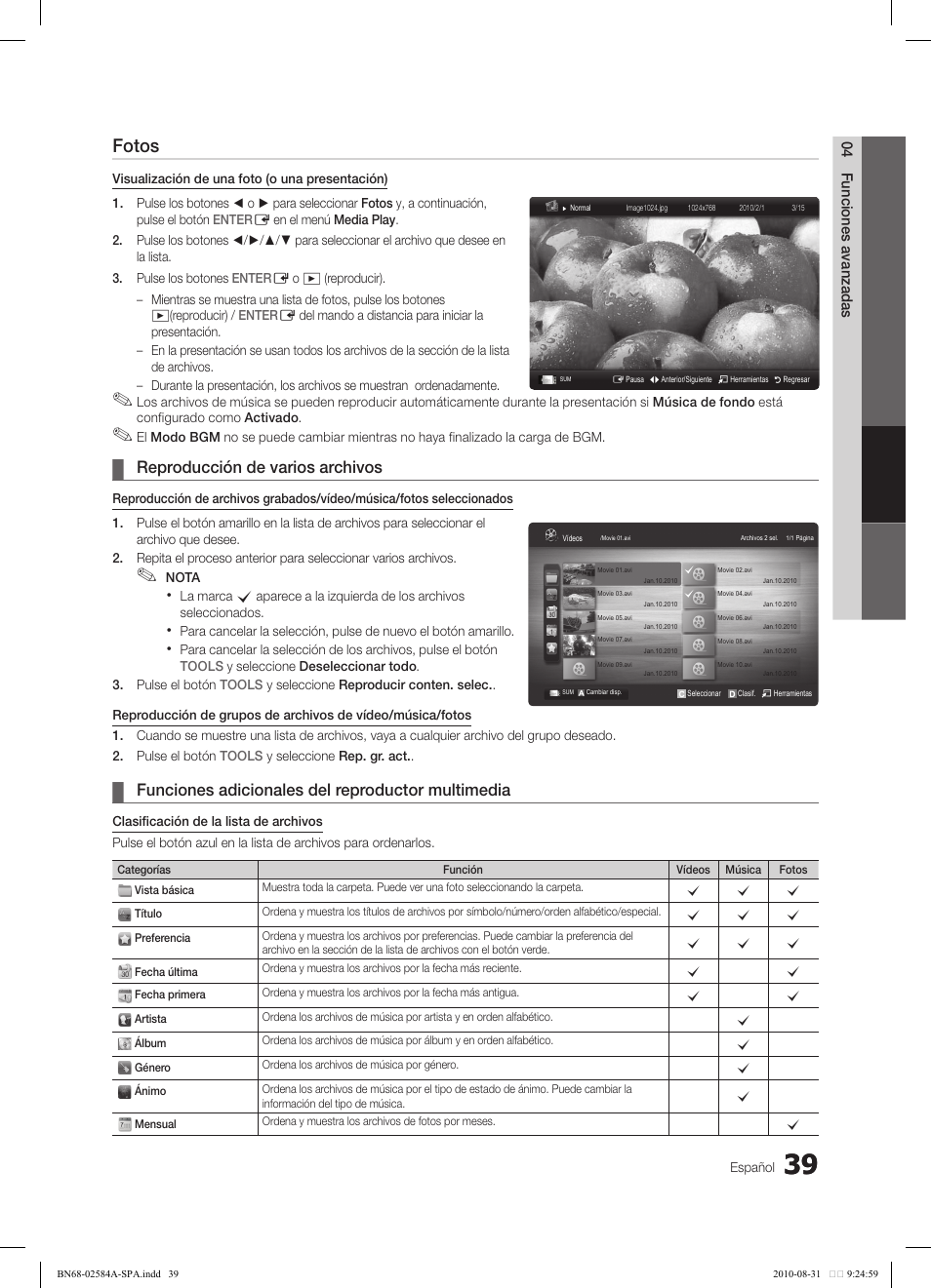 Fotos, Reproducción de varios archivos, Funciones adicionales del reproductor multimedia | Samsung 750 User Manual | Page 99 / 184