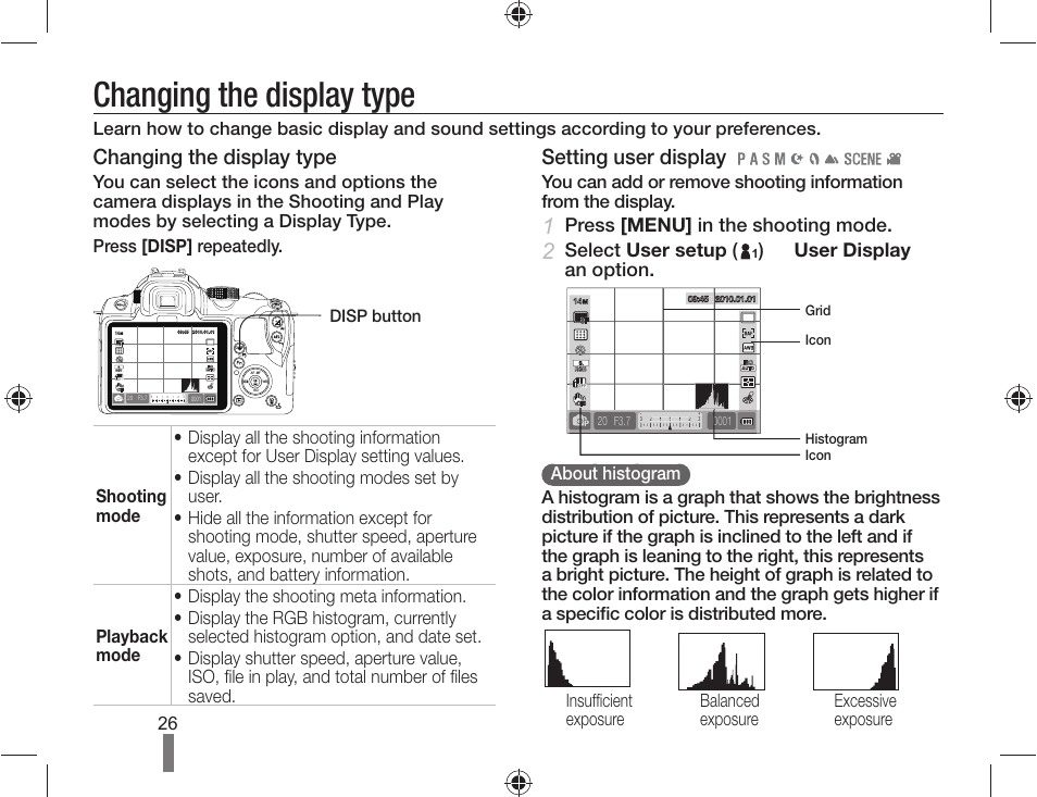 Changing the display type, Setting user display, Press [menu] in the shooting mode | Select user setup, User display an option, Disp button | Samsung AD68-04519A User Manual | Page 26 / 100