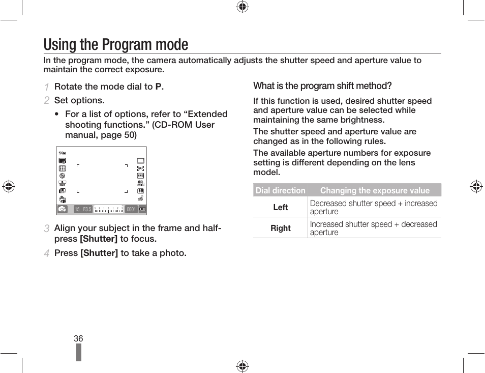 Using the program mode, What is the program shift method, Rotate the mode dial to p | Press [shutter] to take a photo | Samsung AD68-04519A User Manual | Page 36 / 100