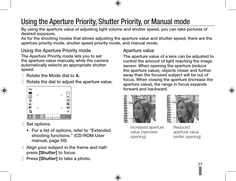 Using the aperture priority mode, Aperture value, Rotate the mode dial to a | Rotate the dial to adjust the aperture value, Press [shutter] to take a photo | Samsung AD68-04519A User Manual | Page 37 / 100