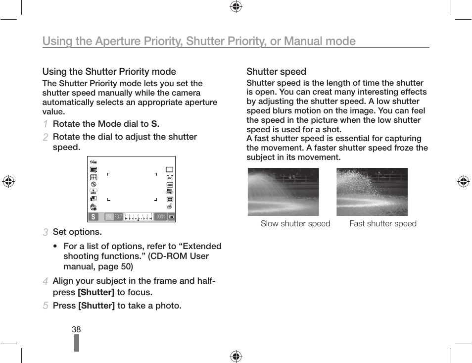 Using the shutter priority mode, Shutter speed, Rotate the mode dial to s | Rotate the dial to adjust the shutter speed, Press [shutter] to take a photo | Samsung AD68-04519A User Manual | Page 38 / 100