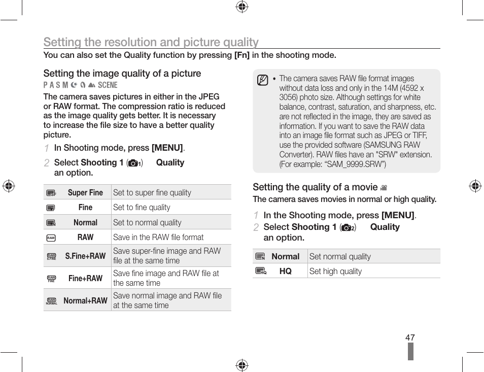 Setting the resolution and picture quality, Setting the image quality of a picture, Setting the quality of a movie | Samsung AD68-04519A User Manual | Page 47 / 100