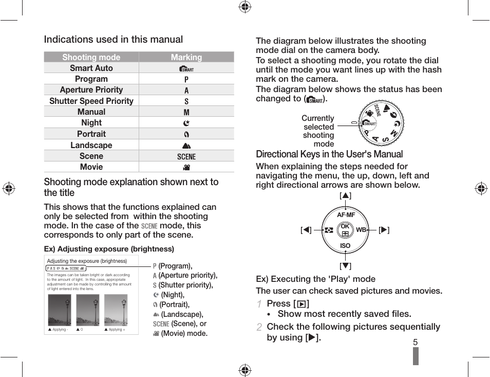 Indications used in this manual, Shooting mode explanation shown next to the title, Directional keys in the user's manual | Samsung AD68-04519A User Manual | Page 5 / 100