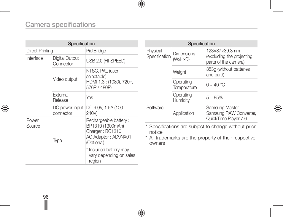 Camera specifications | Samsung AD68-04519A User Manual | Page 96 / 100