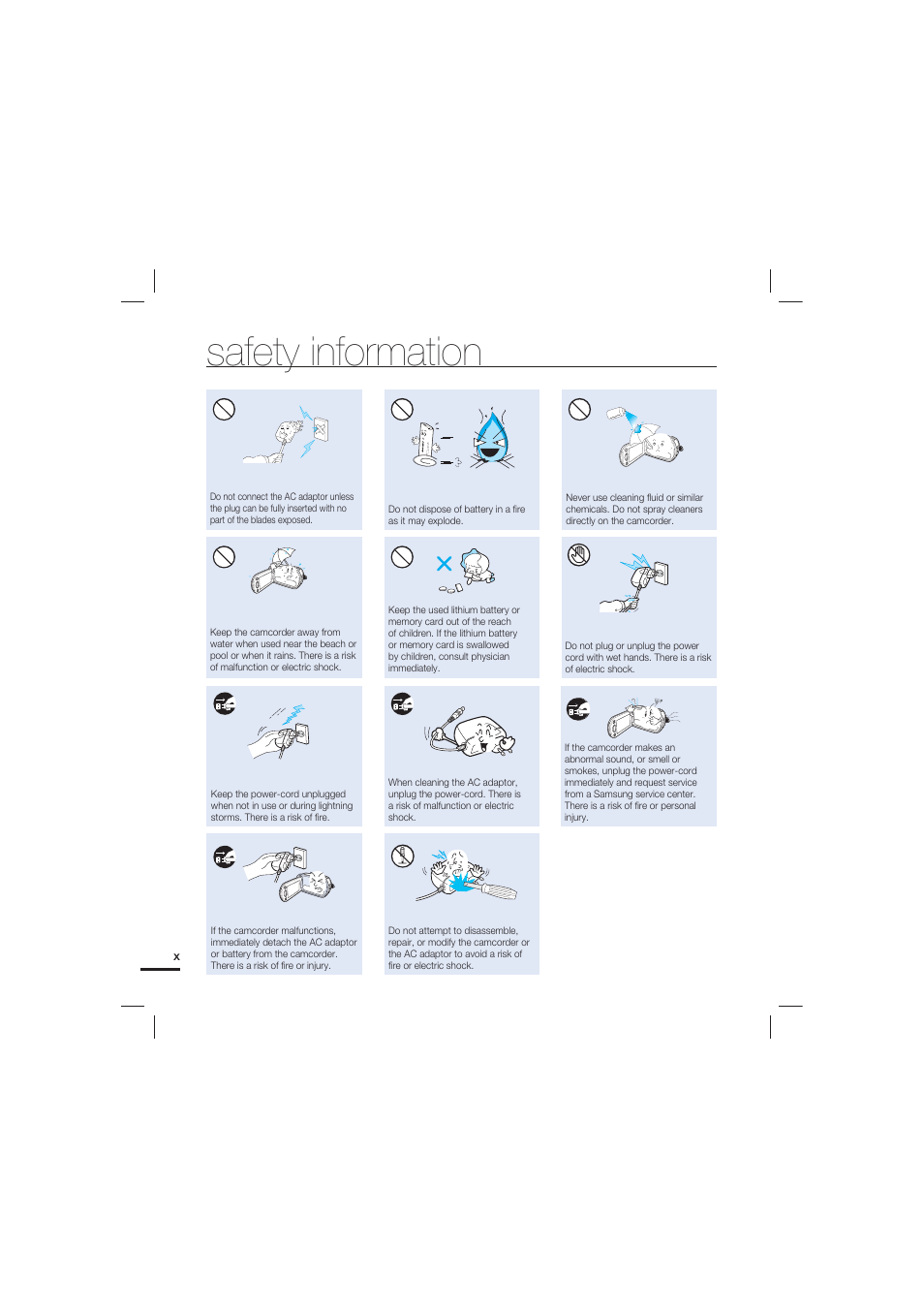 Safety information | Samsung HMX-S10 User Manual | Page 10 / 165