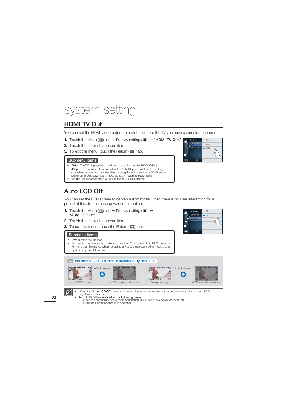 Hdmi tv out, Auto lcd off, System setting | Samsung HMX-S10 User Manual | Page 102 / 165