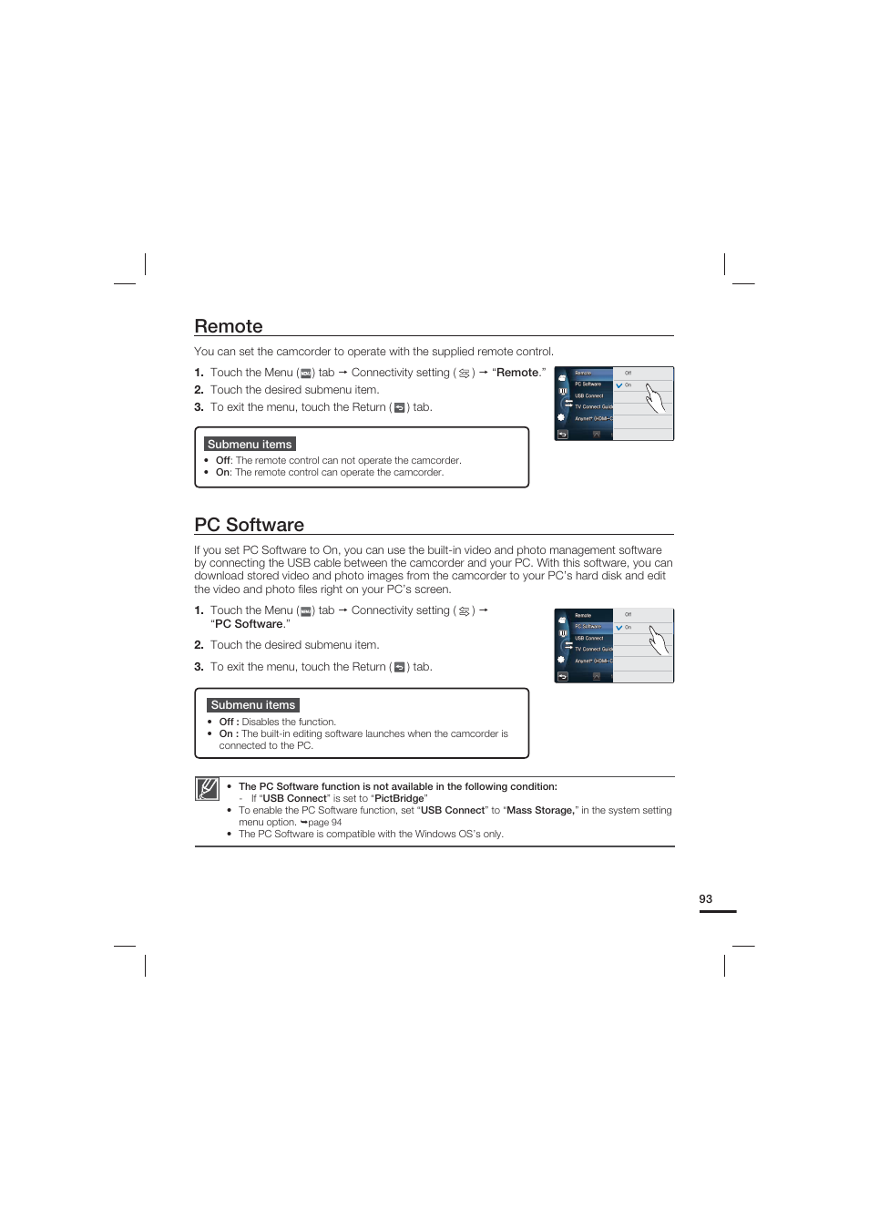 Remote, Pc software | Samsung HMX-S10 User Manual | Page 103 / 165