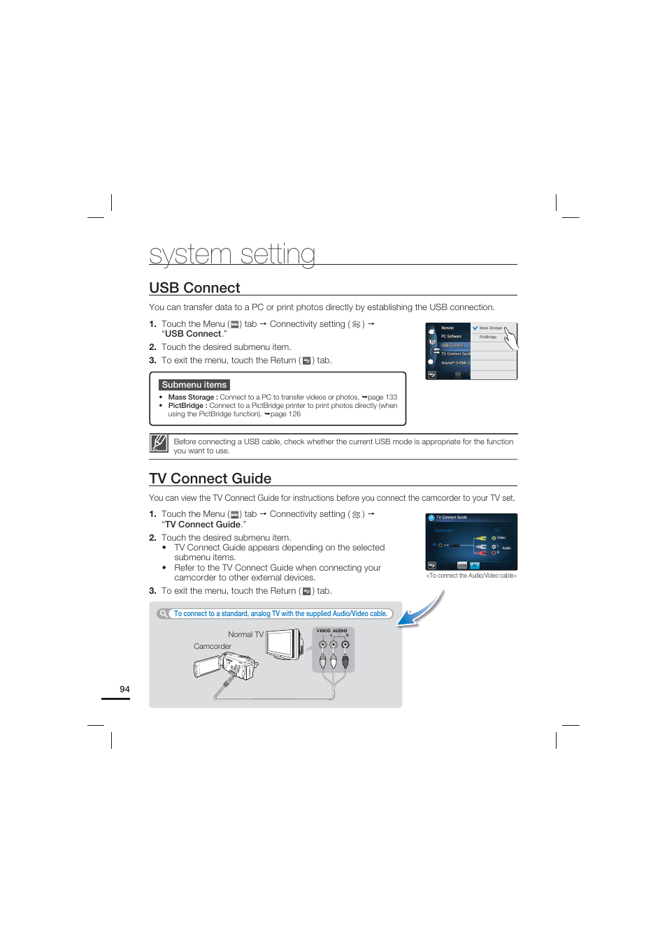 Usb connect, Tv connect guide, System setting | Samsung HMX-S10 User Manual | Page 104 / 165