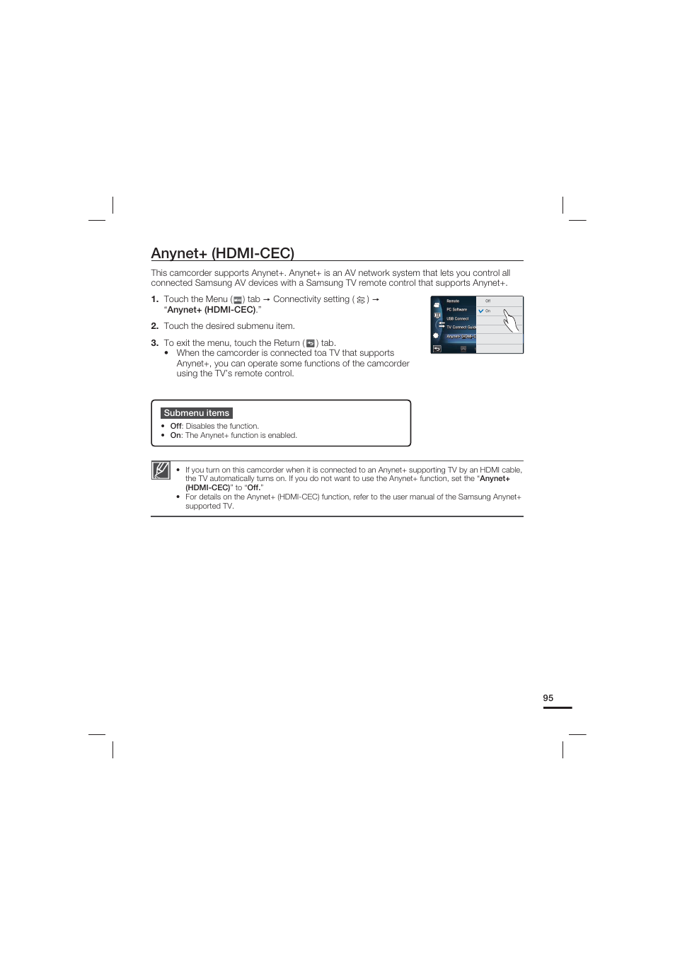 Anynet+ (hdmi-cec) | Samsung HMX-S10 User Manual | Page 105 / 165
