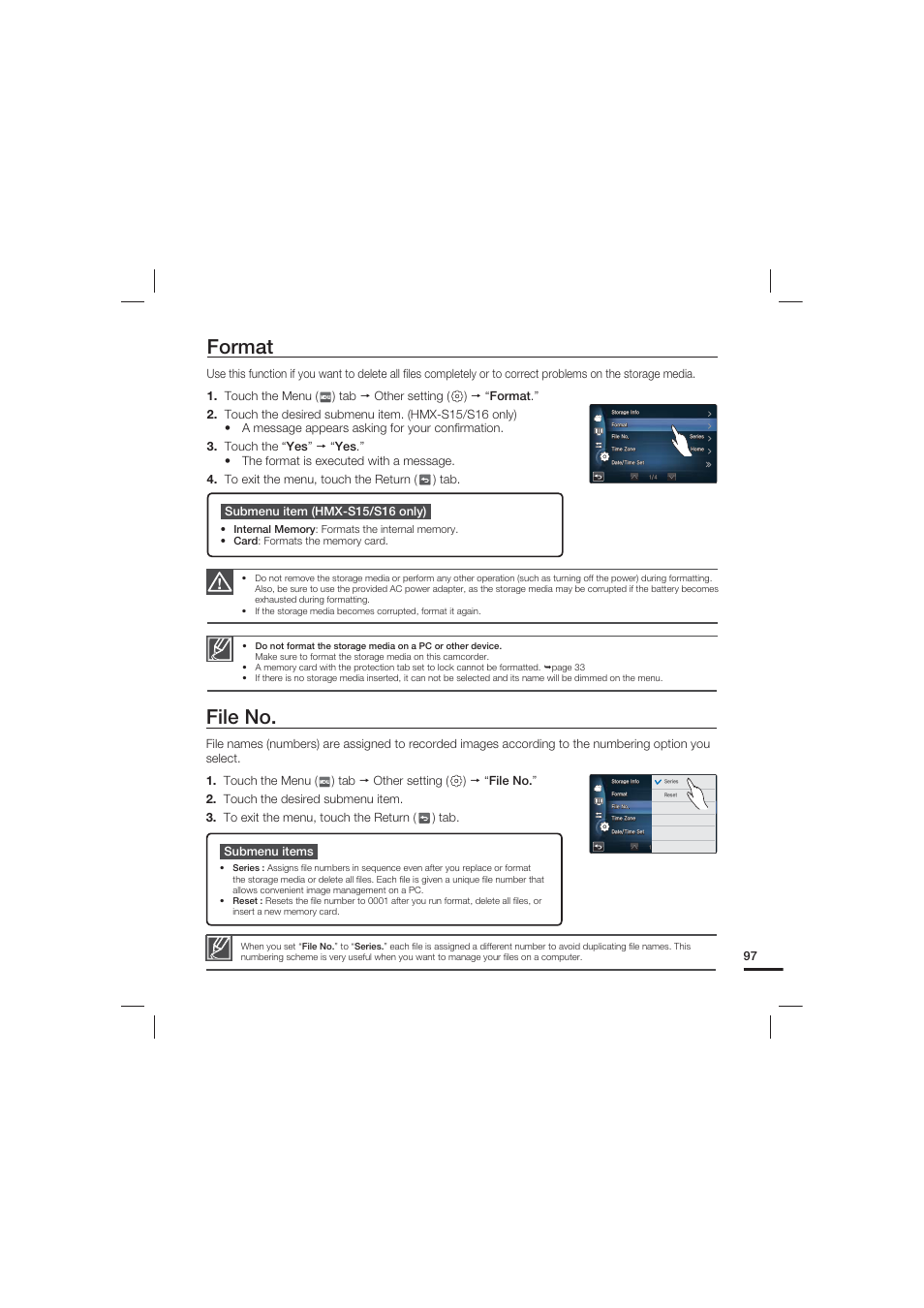 Format, File no | Samsung HMX-S10 User Manual | Page 107 / 165