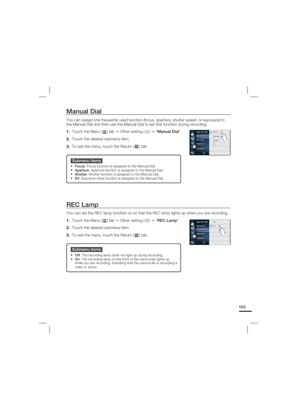Manual dial, Rec lamp | Samsung HMX-S10 User Manual | Page 113 / 165