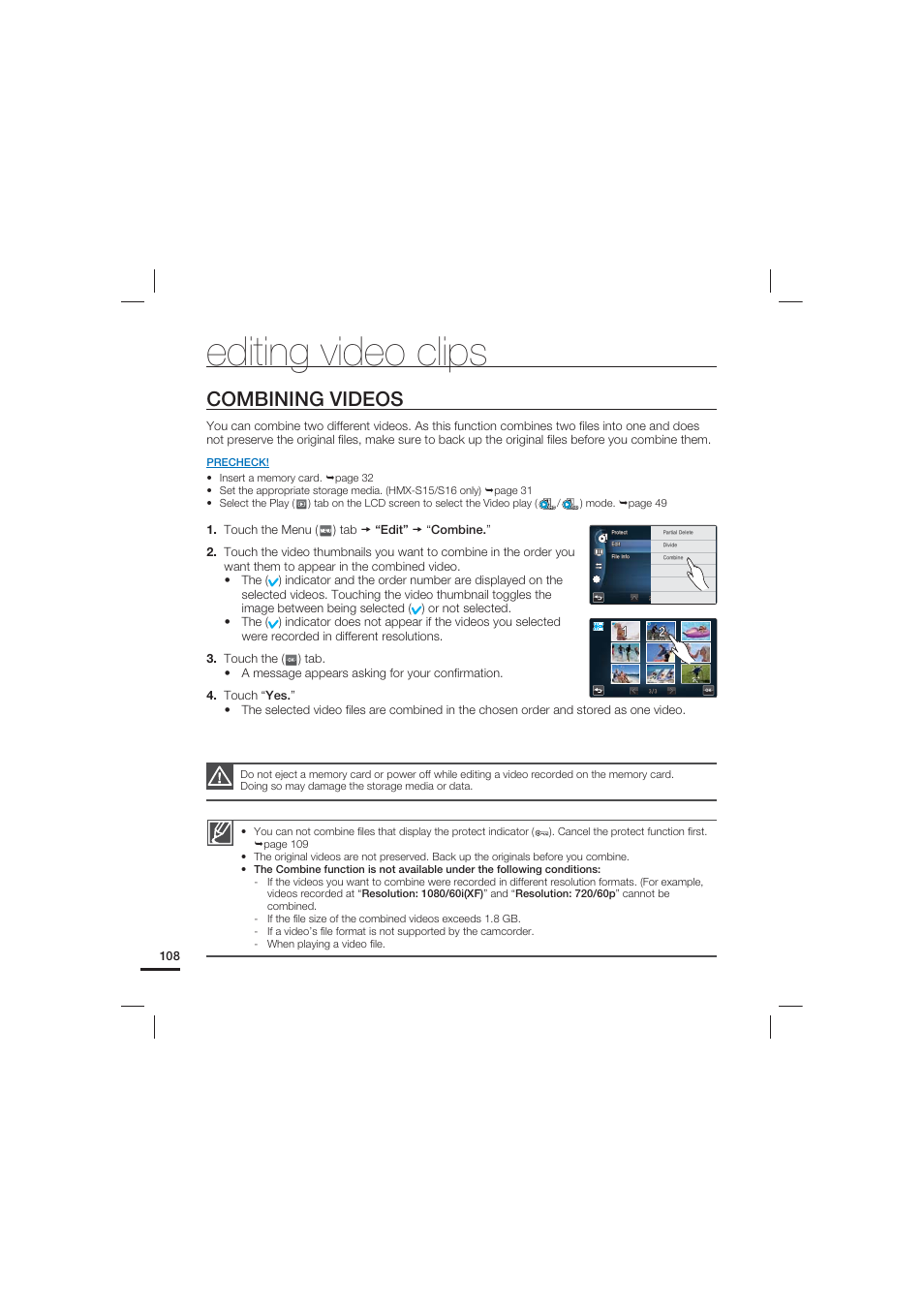 Combining videos, Editing video clips | Samsung HMX-S10 User Manual | Page 118 / 165