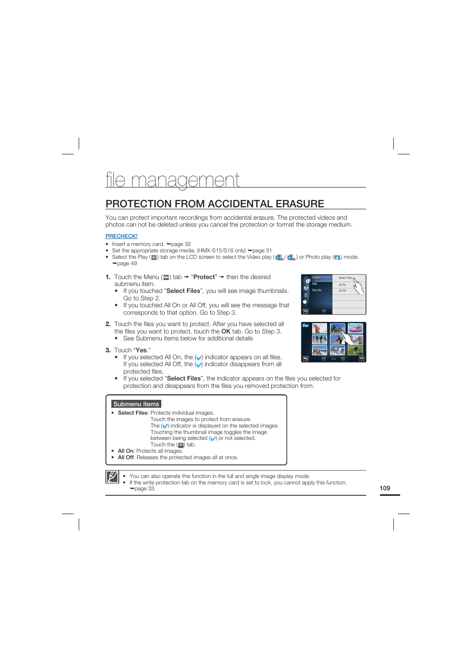 File management, Protection from accidental erasure, FIle management | Samsung HMX-S10 User Manual | Page 119 / 165
