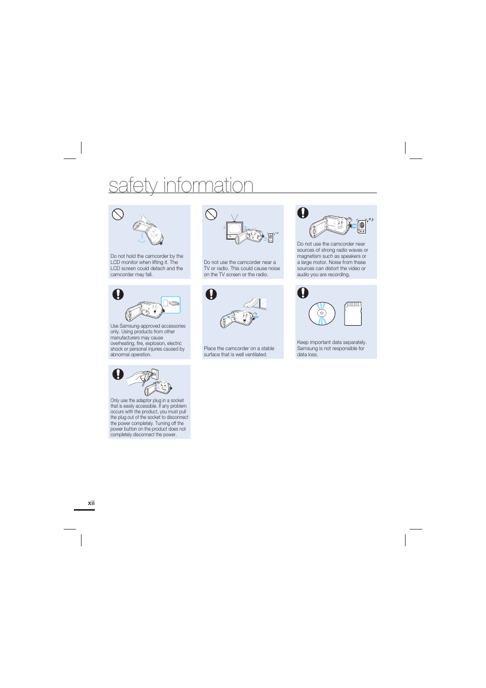 Safety information | Samsung HMX-S10 User Manual | Page 12 / 165