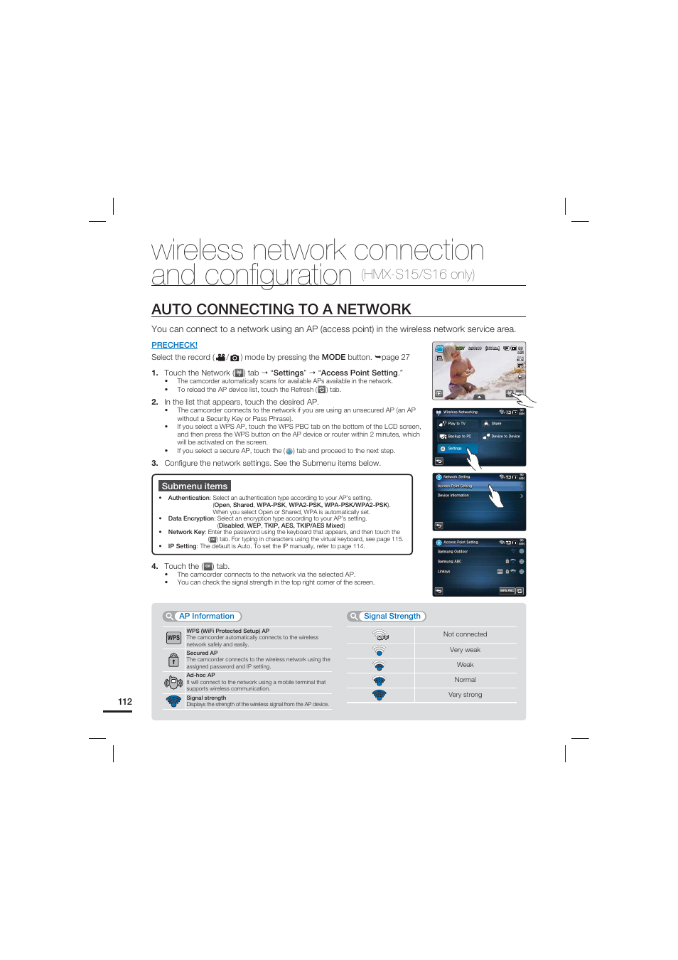 Auto connecting to a network, Wireless network connection and conﬁguration, Hmx-s15/s16 only) | Submenu items | Samsung HMX-S10 User Manual | Page 122 / 165