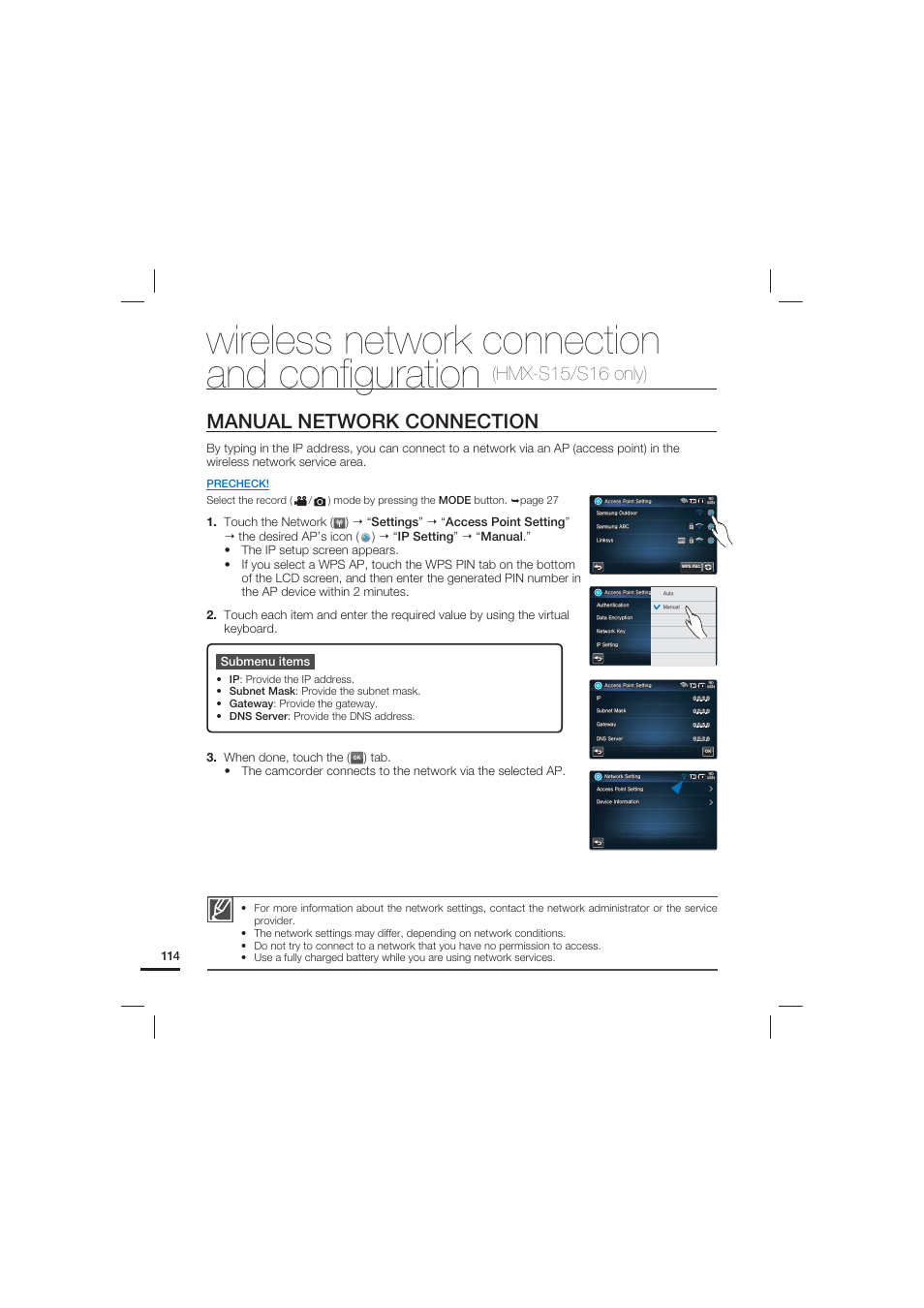 Manual network connection, Wireless network connection and conﬁguration, Hmx-s15/s16 only) | Samsung HMX-S10 User Manual | Page 124 / 165