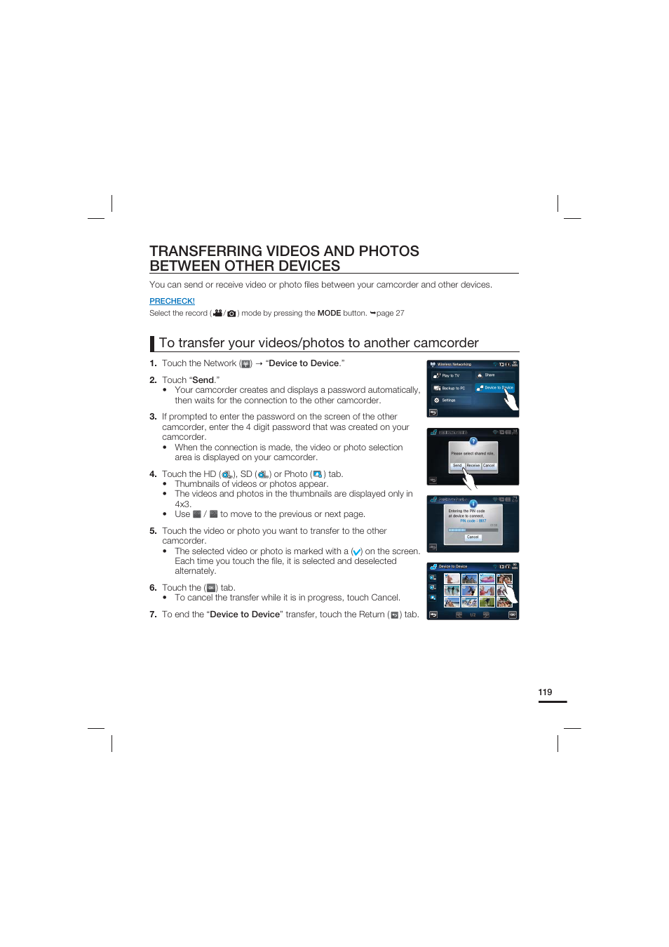 Transferring videos and photos, Between other devices | Samsung HMX-S10 User Manual | Page 129 / 165
