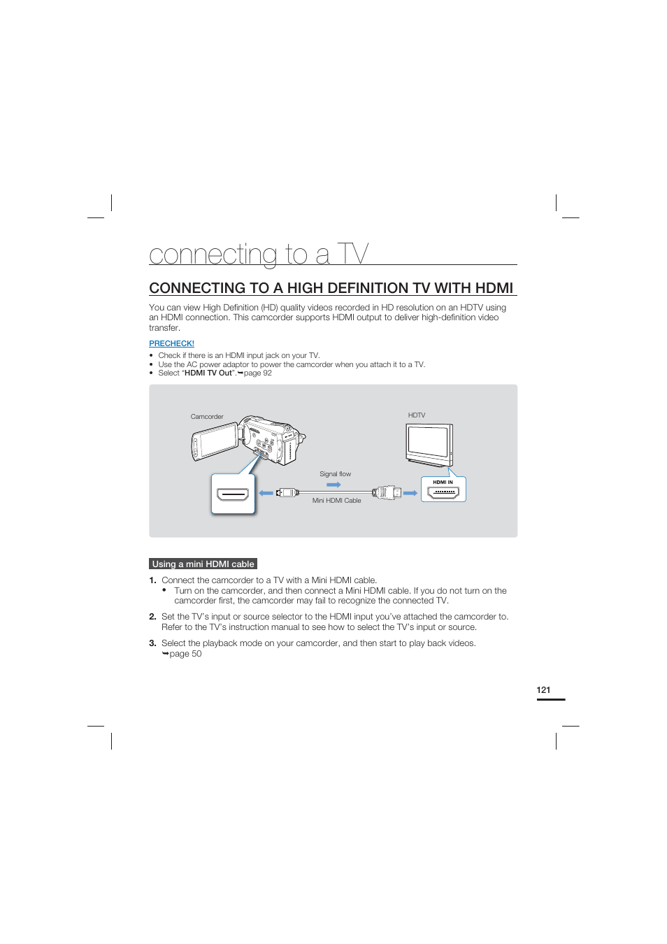 Connecting to a tv, Connecting to a high definition tv with hdmi | Samsung HMX-S10 User Manual | Page 131 / 165