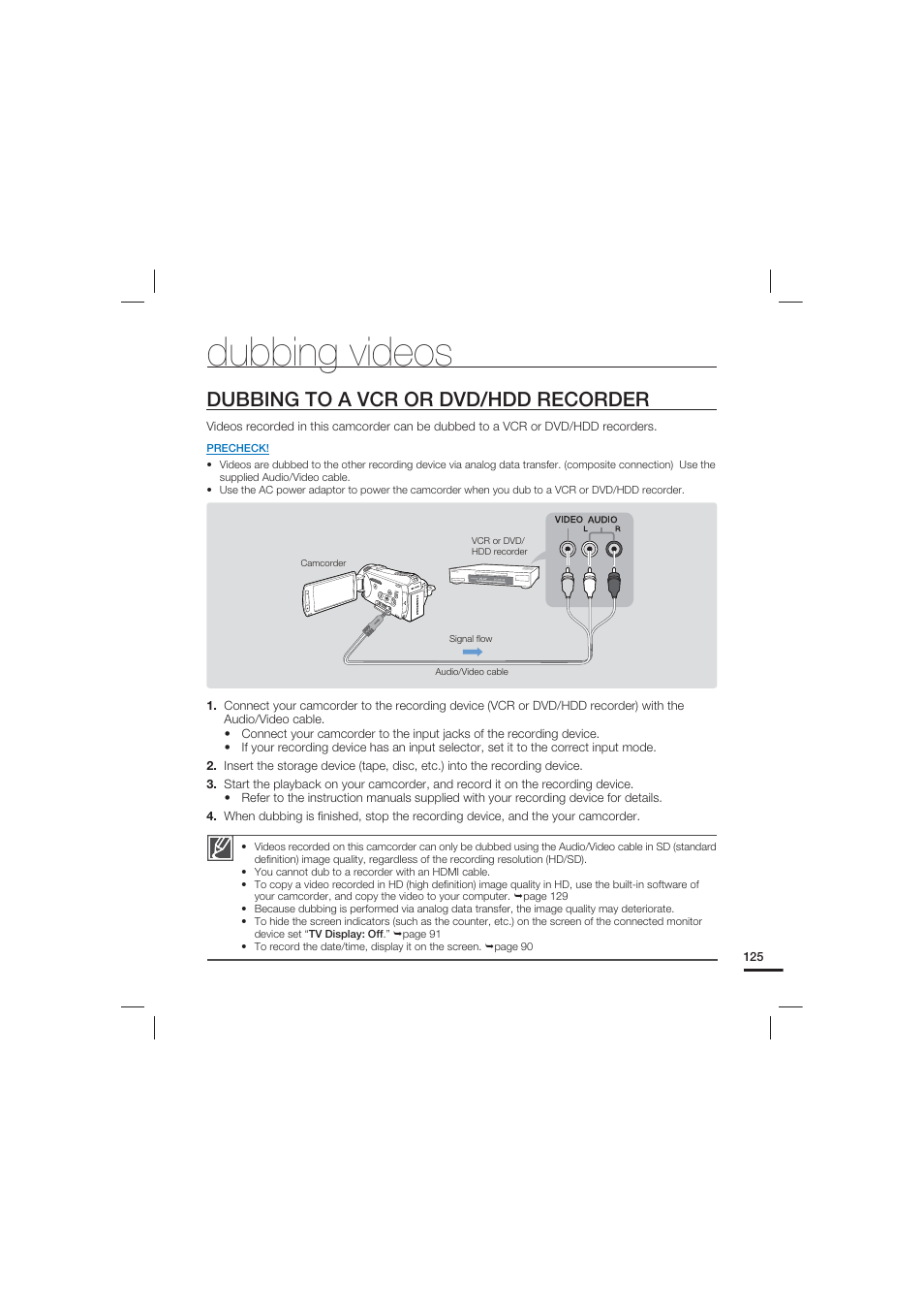 Dubbing videos, Dubbing to a vcr or dvd/hdd recorder | Samsung HMX-S10 User Manual | Page 135 / 165