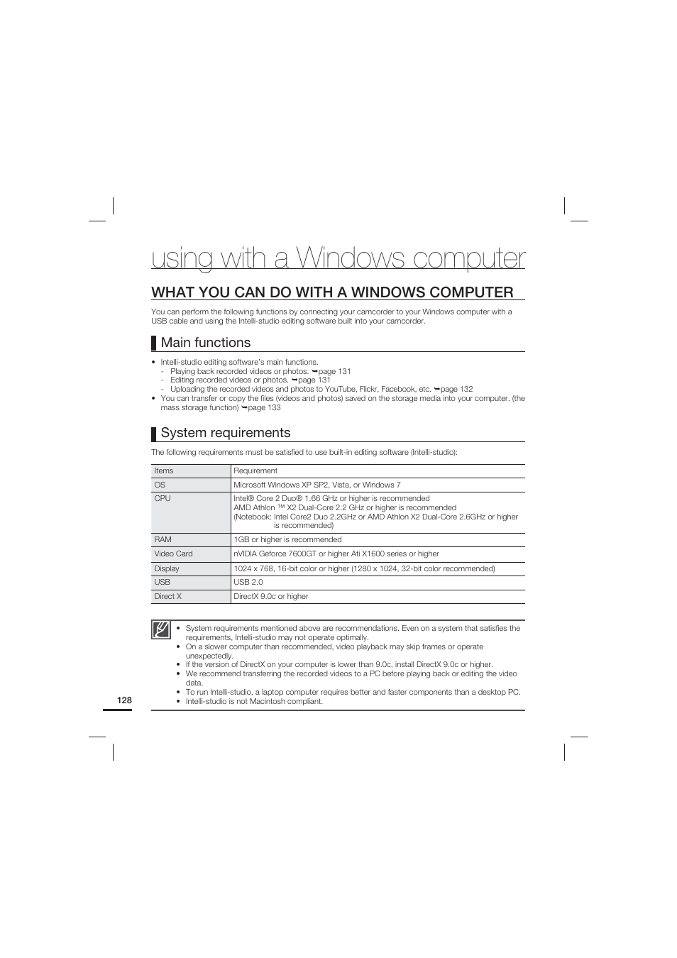Using with a windows computer, What you can do with a windows computer, System requirements | Main functions | Samsung HMX-S10 User Manual | Page 138 / 165