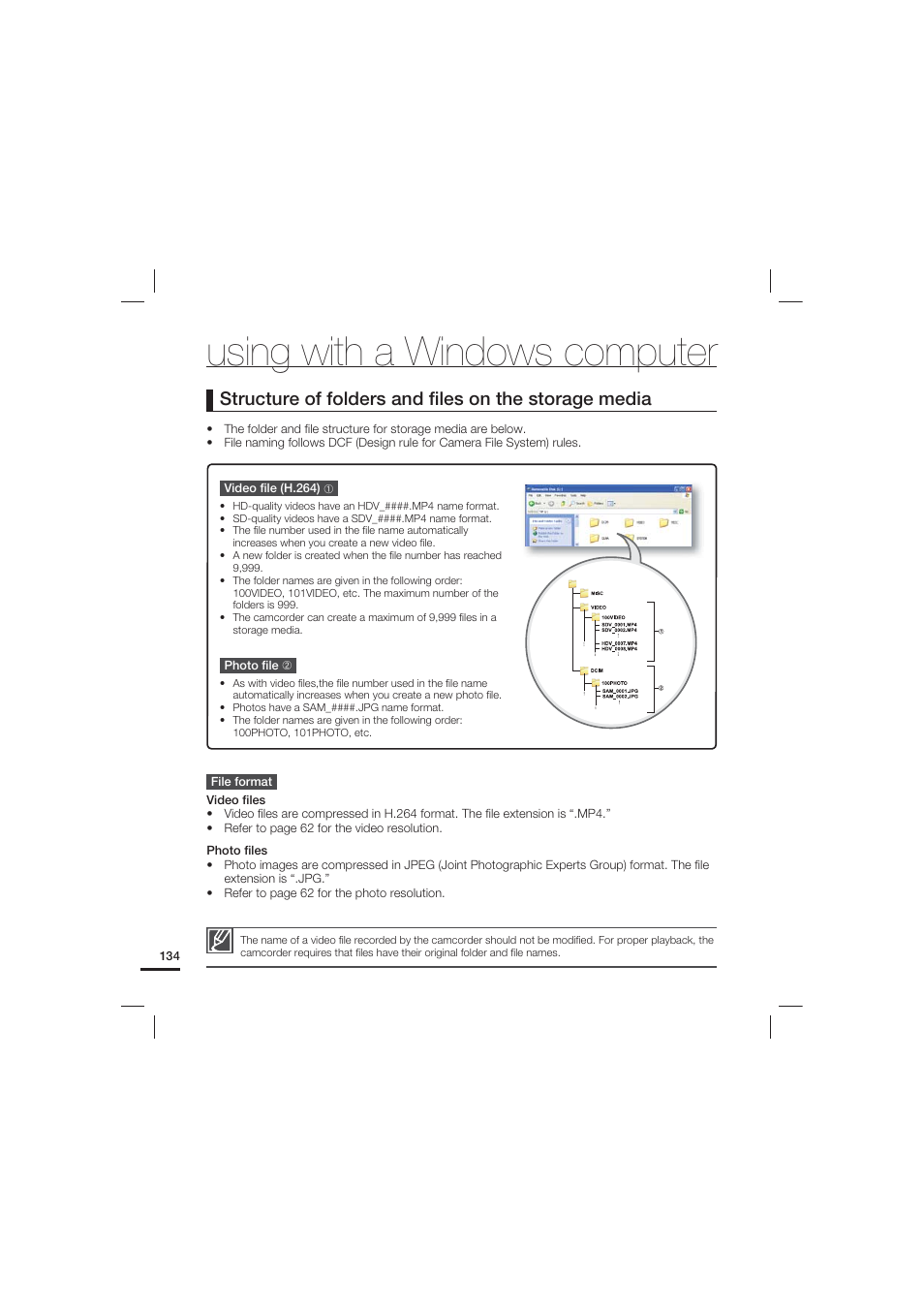 Using with a windows computer, Structure of folders and ﬁles on the storage media | Samsung HMX-S10 User Manual | Page 144 / 165