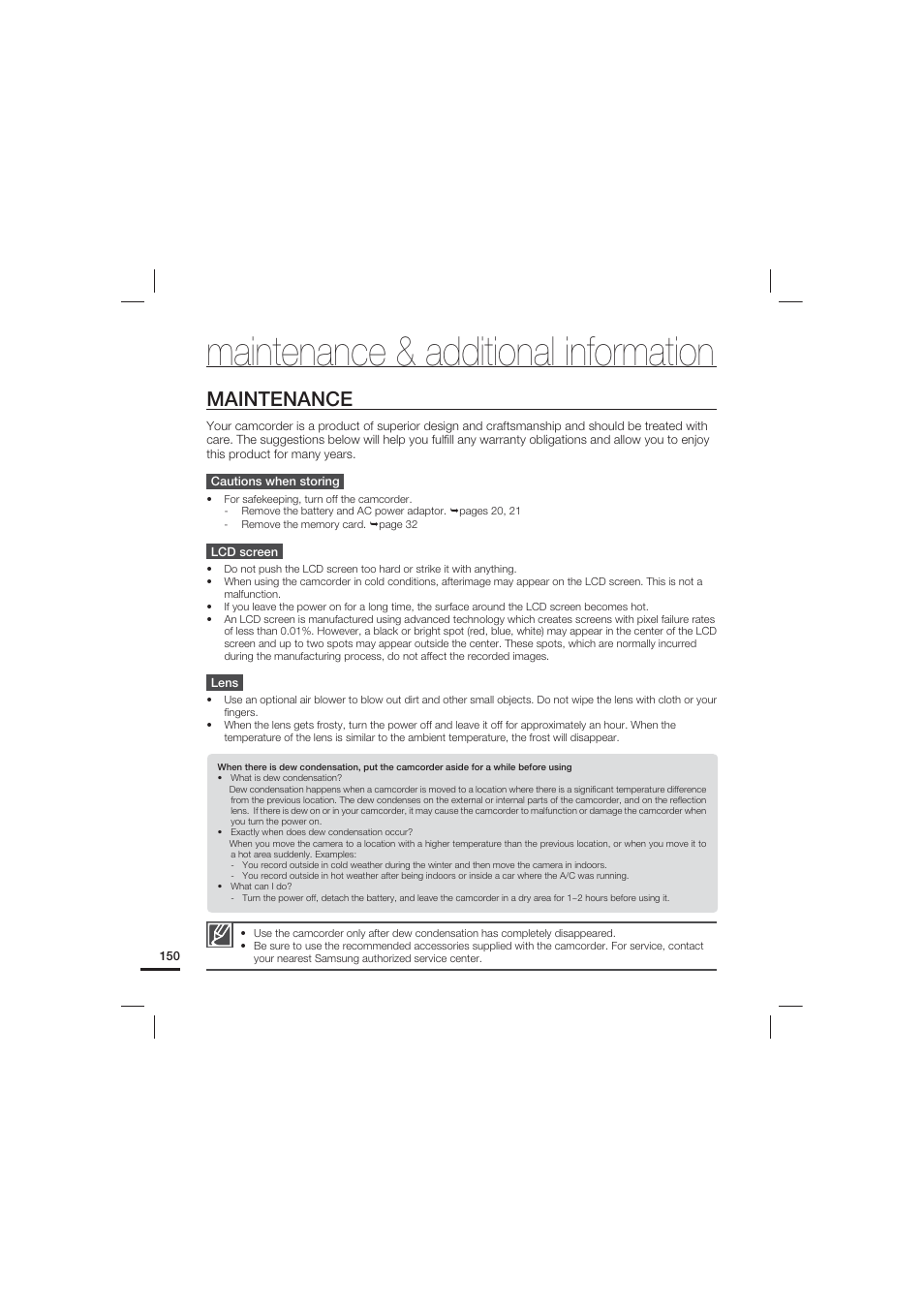 Maintenance & additional information, Maintenance | Samsung HMX-S10 User Manual | Page 160 / 165