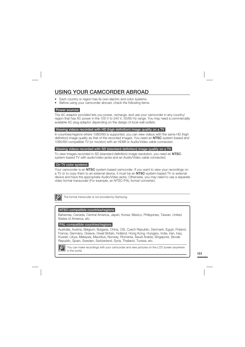Using your camcorder abroad | Samsung HMX-S10 User Manual | Page 161 / 165