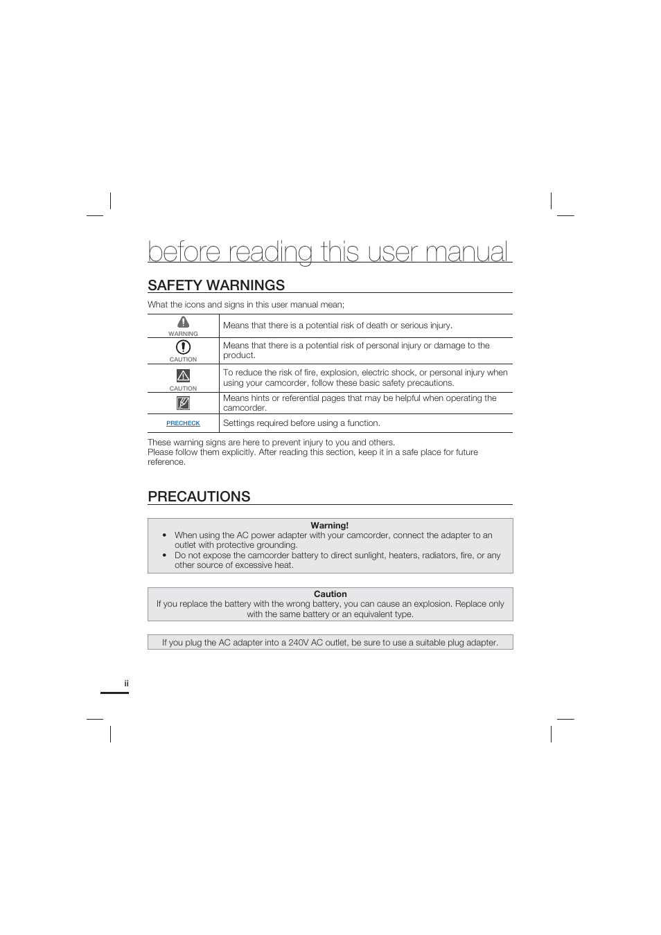 Before reading this user manual, Safety warnings, Precautions | Samsung HMX-S10 User Manual | Page 2 / 165