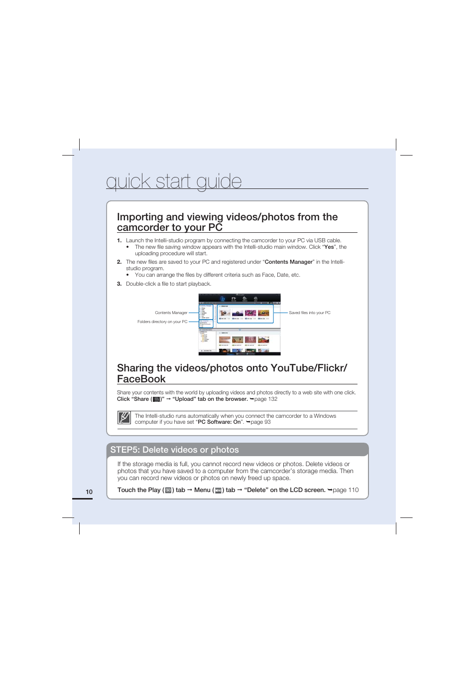 Quick start guide, Step5: delete videos or photos | Samsung HMX-S10 User Manual | Page 20 / 165
