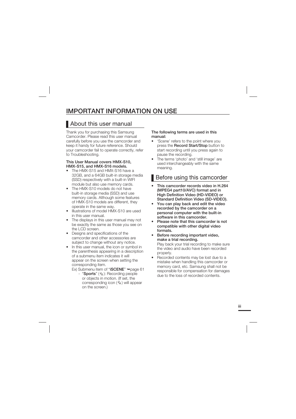 Important information on use, Before using this camcorder about this user manual | Samsung HMX-S10 User Manual | Page 3 / 165