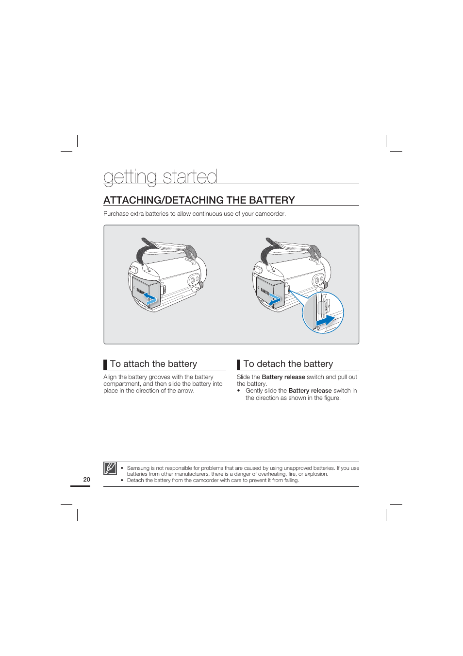 Getting started, Attaching/detaching the battery | Samsung HMX-S10 User Manual | Page 30 / 165