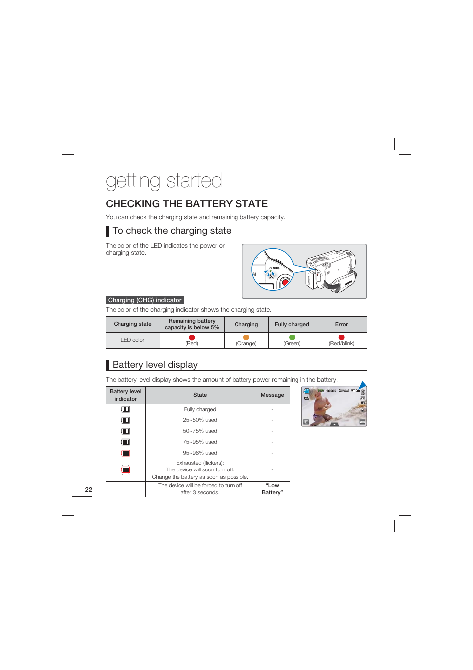 Checking the battery state, Getting started | Samsung HMX-S10 User Manual | Page 32 / 165