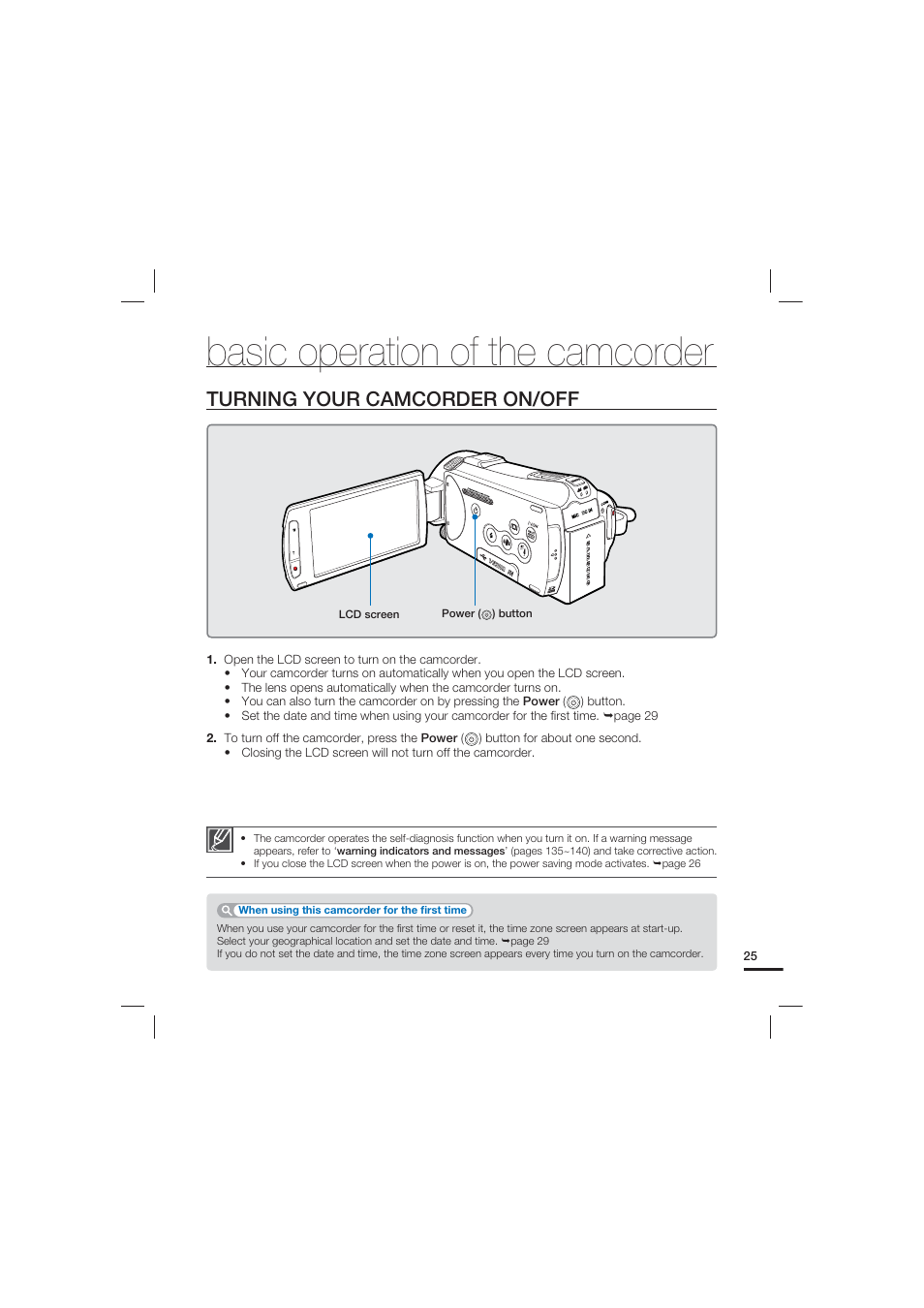 Basic operation of the camcorder, Turning your camcorder on/off | Samsung HMX-S10 User Manual | Page 35 / 165