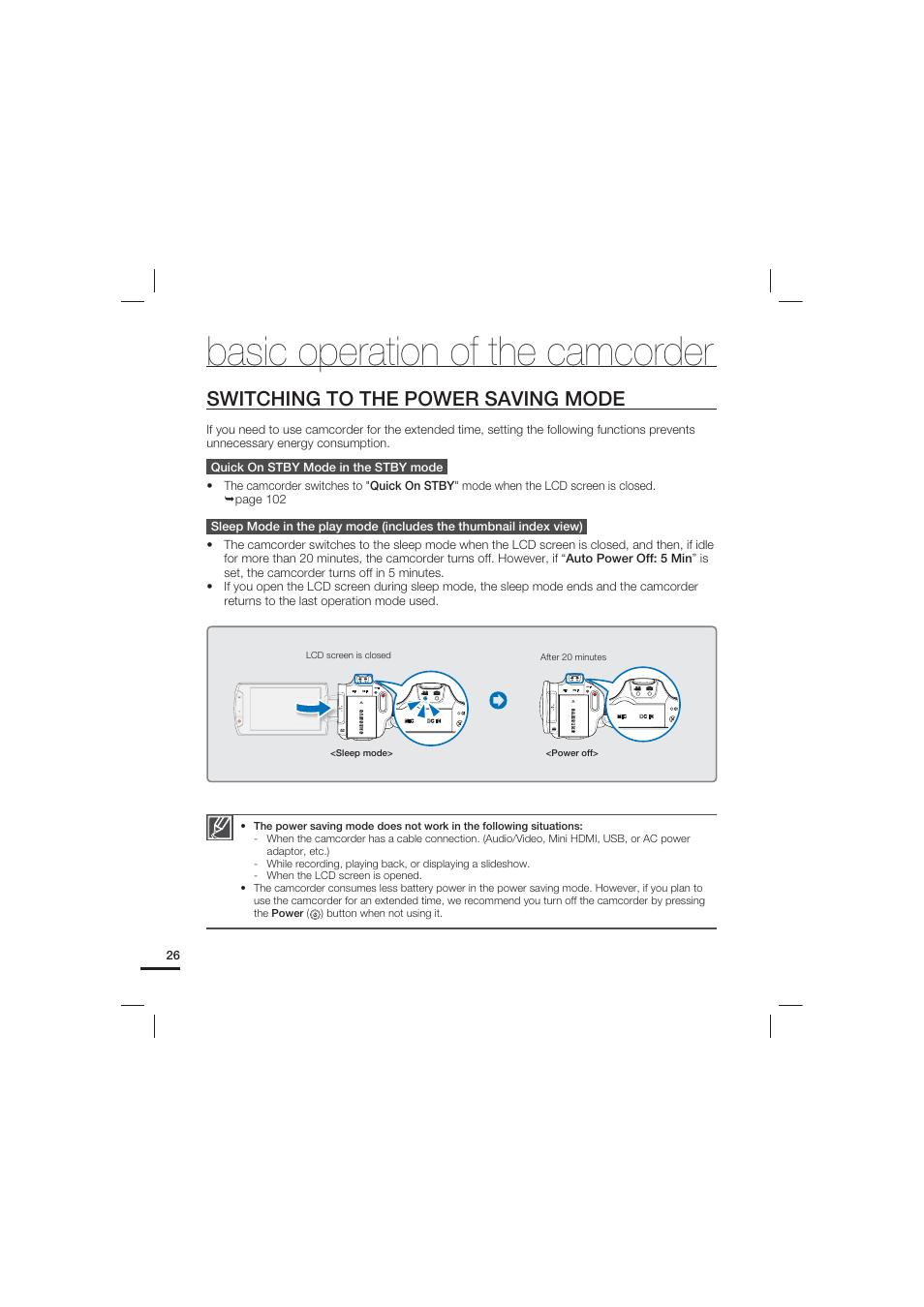 Switching to the power saving mode, Basic operation of the camcorder | Samsung HMX-S10 User Manual | Page 36 / 165