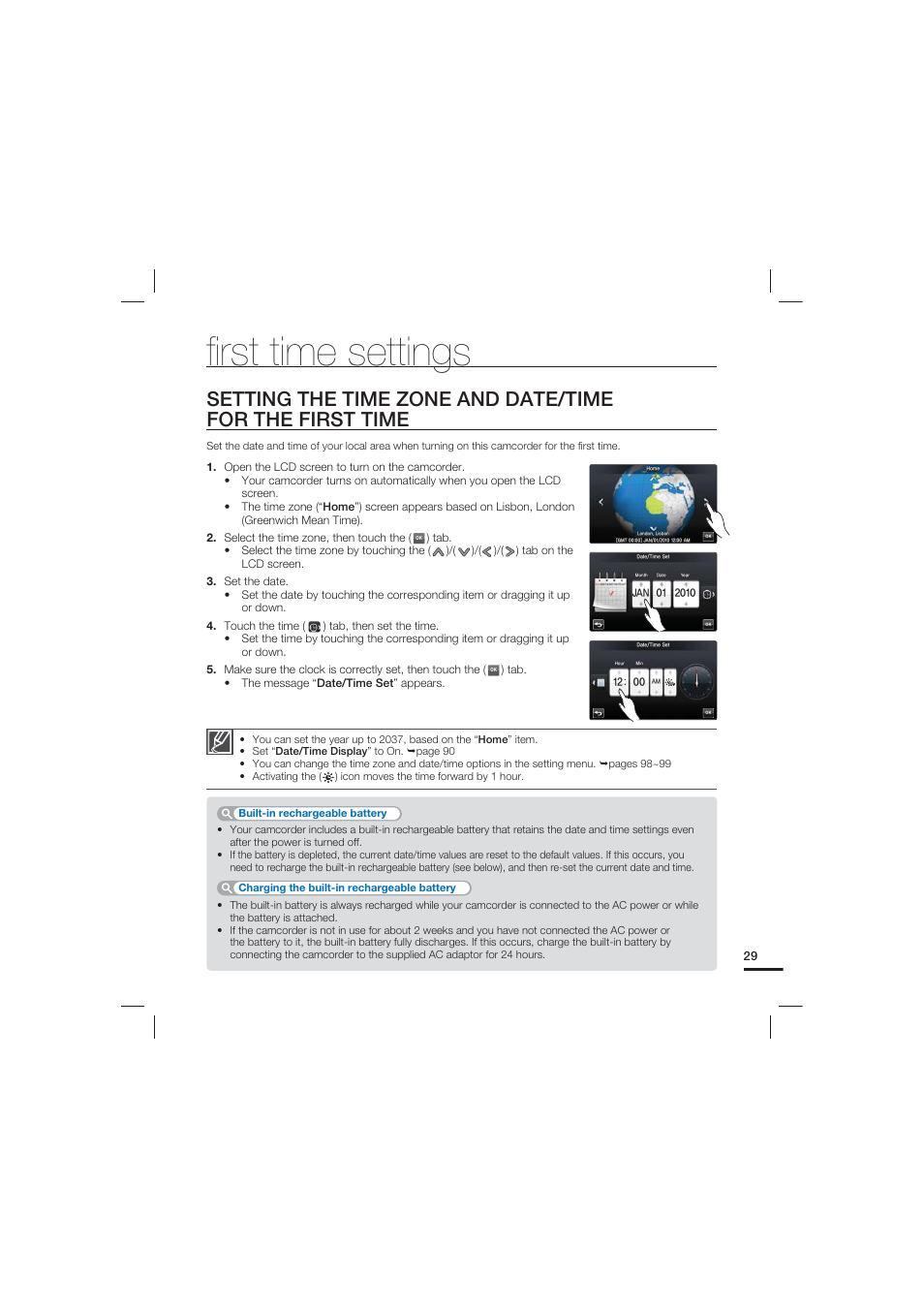 First time settings, FIrst time settings | Samsung HMX-S10 User Manual | Page 39 / 165