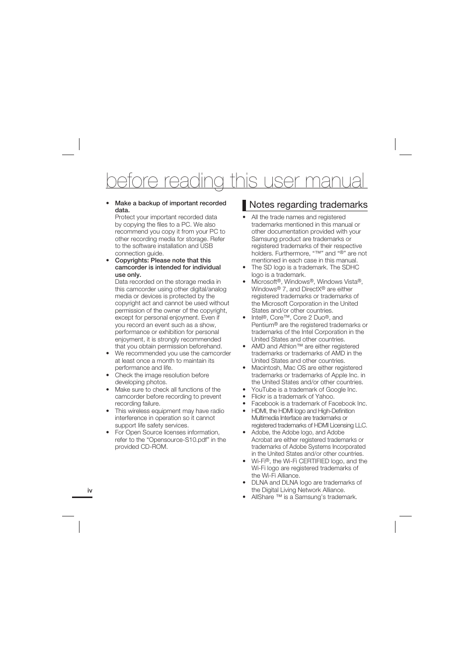Before reading this user manual | Samsung HMX-S10 User Manual | Page 4 / 165